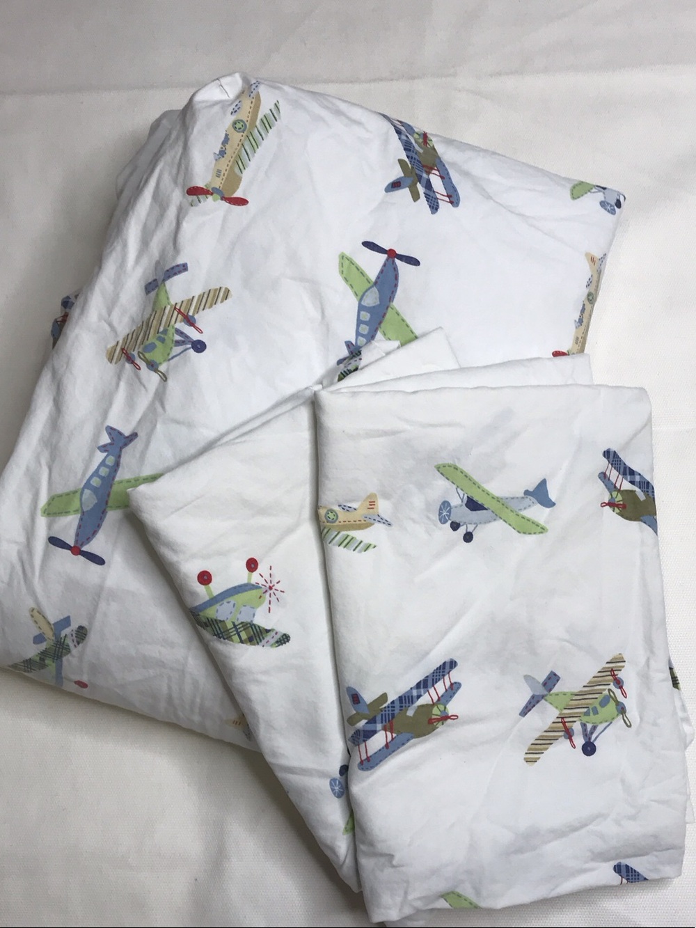 Pottery Barn Kids White Airplane Print Sheet Set - Blue, Green, Tan Full